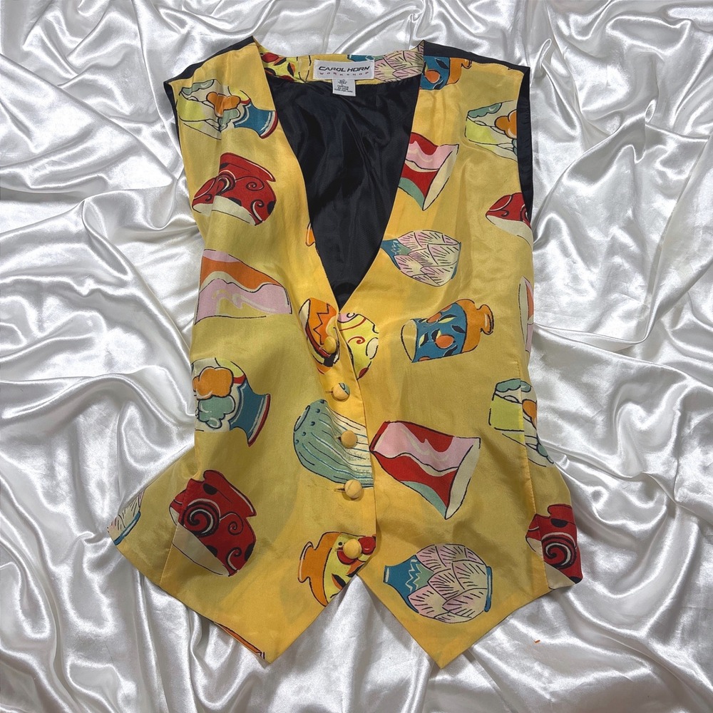 Vintage Vest Yellow Excellent Carol Horn Workshop Silk Pottery Print Art 90s L